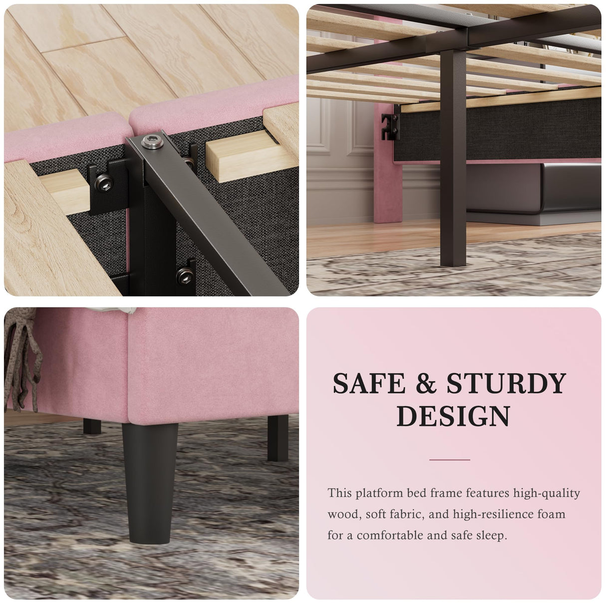 VECELO Queen Bed Frame with Upholstered Headboard, Heavy-Duty Platform Bedframe with Strong Wooden Slats Support, No Boxing Spring Needed, Pink VECELO