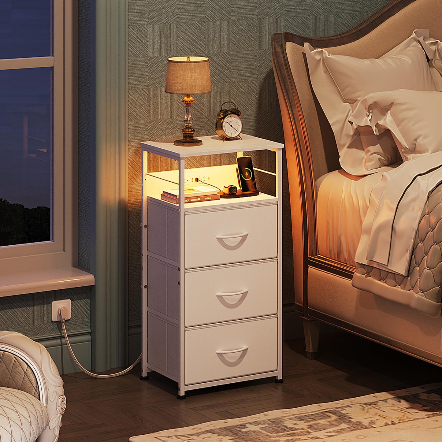 WLIVE White Night Stand with Charging Station, LED Nightstand with 3 Fabric Drawers, Tall Bedside Table with 3 USB Ports and 2 Outlets, Dresser for Small Space, 31.93" H Side Table for Bedroom