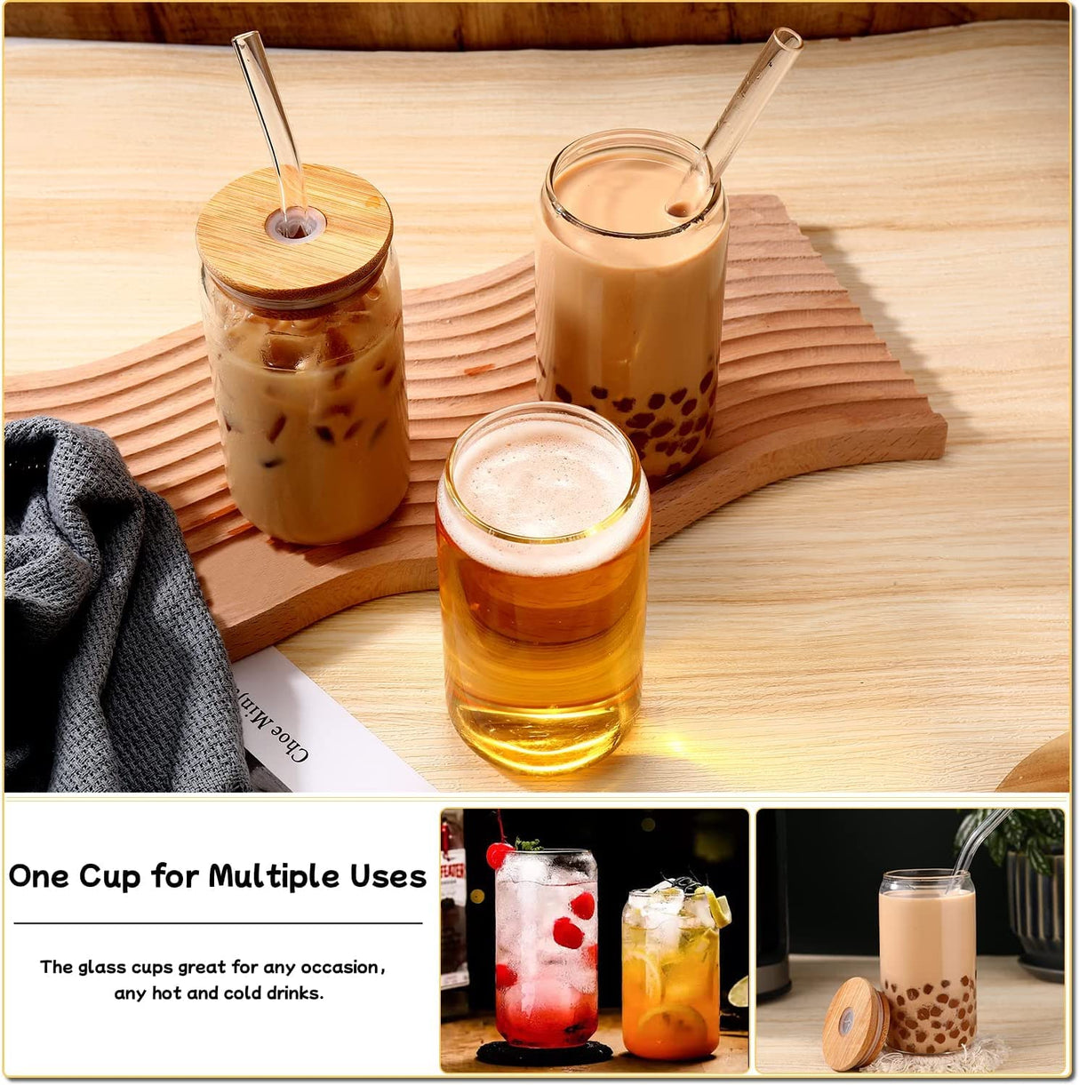 Glass Cups with Lids and Straws 4 pcs,16 oz Glass Cups for Coffee Bar Accessories-DWTS DANWEITESI Iced Coffee Cups with Lids,Drinking glasses Set,Coffee Cups Glass Tumbler with Straw and Lid for Gifts DWTS DANWEITESI