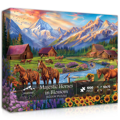 Horse Puzzles for Adults 1000 Piece, Nature Landscape Puzzles Flower Mountain Scenery, Challenging Jigsaw Puzzles with Animals Scenic