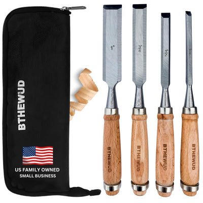 Wood Chisel Set – set of 4 Woodworking Chisels w/CR-V Steel Blades, Zipper Bag - Anti-Rust Coating Wood Chisels for Woodworking - Lightweight & Durable Carpenter Tools for Woodworking