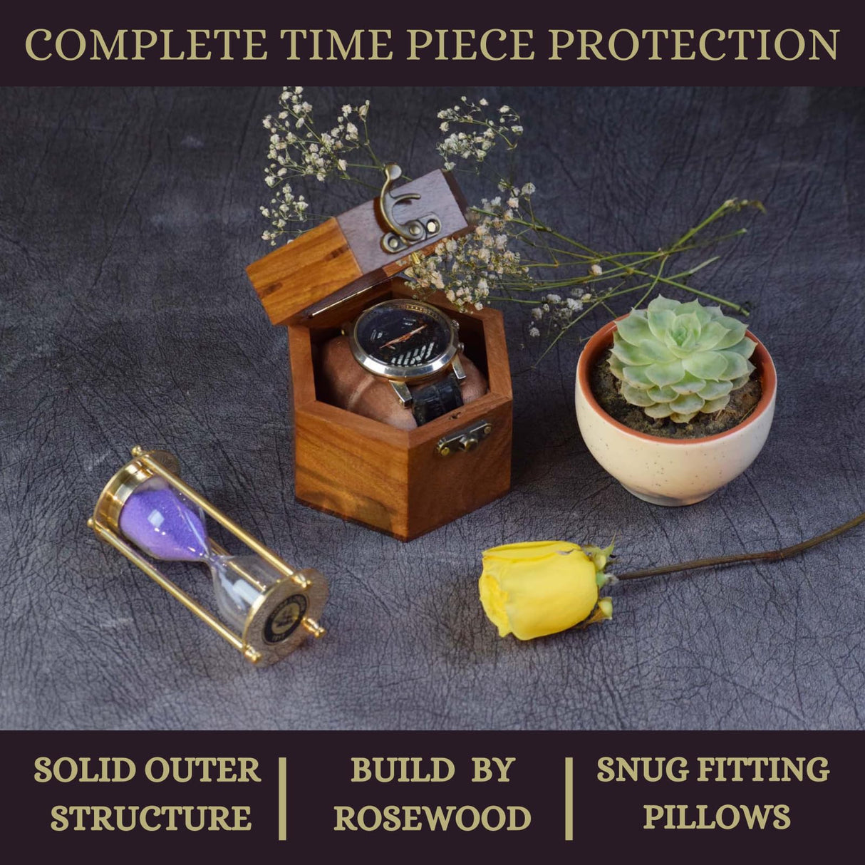 Wooden Watch Box, Single Slot Watch Display Case Mens Watch Box Organizer, Dark Rosewood Watch Cases for Men Watch Storage, Valentines Gift Watch Organizer Holder Case for travel with Glass Lid Royal Craft Expertise