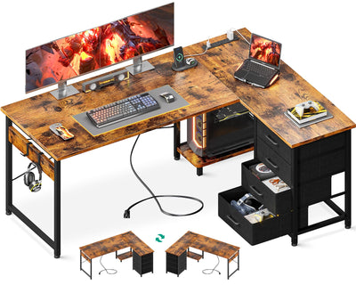 Casaottima L Shaped Desk with 4 Tier Drawers, 53" Gaming Desk with Power Outlets & USB, Reversible L-Shaped Computer Desk with CPU Stand, Home Office Corner Desk with Storage, Easy Assemble, Vintage