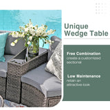 SUNSITT Outdoor Patio Furniture 11-Piece Half-Moon Sectional Round Set Curved Sofa with Tempered Glass Coffee Table, 4 Pillows, Grey Rattan SUNSITT