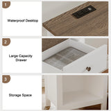 ChooChoo Farmhouse Nightstand Set of 2,Night Stand with Charging Station, Wooden Top Bedside End Table with Drawer and Storage Space for Bedroom, White ChooChoo