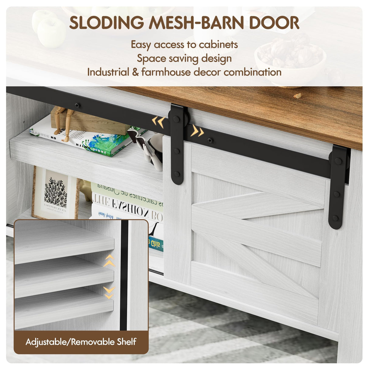 YESHOMY Coffee Table with Sliding Barn Doors & Storage, Wooden Center Rectangular Cabinet with Adjustable Shelves, for Livingroom, Bedroom, Home Office, White YESHOMY