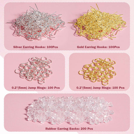 Hypoallergenic Earring Hooks, 600 Pcs Earring Making Supplies Kit with Earring Hooks, Jump Rings and Earring Backs for Jewelry Making (Silver and Gold) Aiythouy