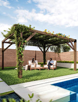 KYBOLT 12 X 14 Ft Wood Pergola with Retractable Sunshade Canopy, Solid Structure, Outdoor Pergola for Backyard, Deck, Garden (Reddish-Brown) KYBOLT