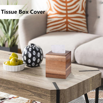 KYDIFS Tissue Box Cover Square, Acacia Wood Tissue Box Holder with Slide-Out Bottom, Wooden Tissue Box Cover Cube for Bathroom, Bedroom, Dinner Table, Office,Kitchen(Square)