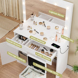 Haewon Makeup Vanity Desk with Lighted Mirror, White Vanity with Chair Power Outlet Drawers Cabinet, Dressing Table Set with 3 Lighting Modes for Bedroom Haewon