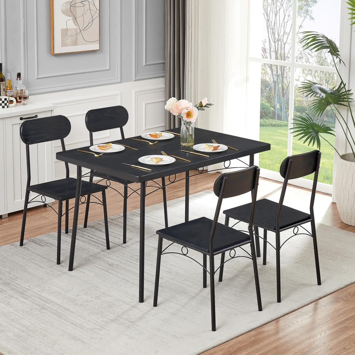 VECELO Dining Table Set for 4, 5 Piece Dinette with Chairs for Kitchen, Breakfast Nook and Small Space, Black VECELO