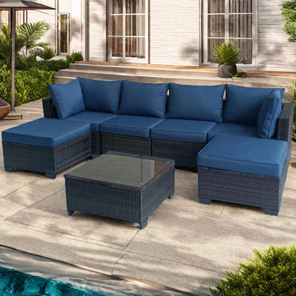 7-Piece Outdoor Furniture Patio Rattan Sectional Set with Wicker Conversation Sofas,Include Cushions, Coffee Table,Easy to Assemble,Perfect for Backyard, Porch, Garden, and Balcony (Brown-Dar - WoodArtSupply