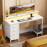 Furologee Computer Desk with 4 Fabric Drawers, 47in Gaming Desk with Power Outlets and LED Lights, Home Office Desk with Full Monitor Stand and Shelf, Study Writing Desk for Bedroom, White Furologee