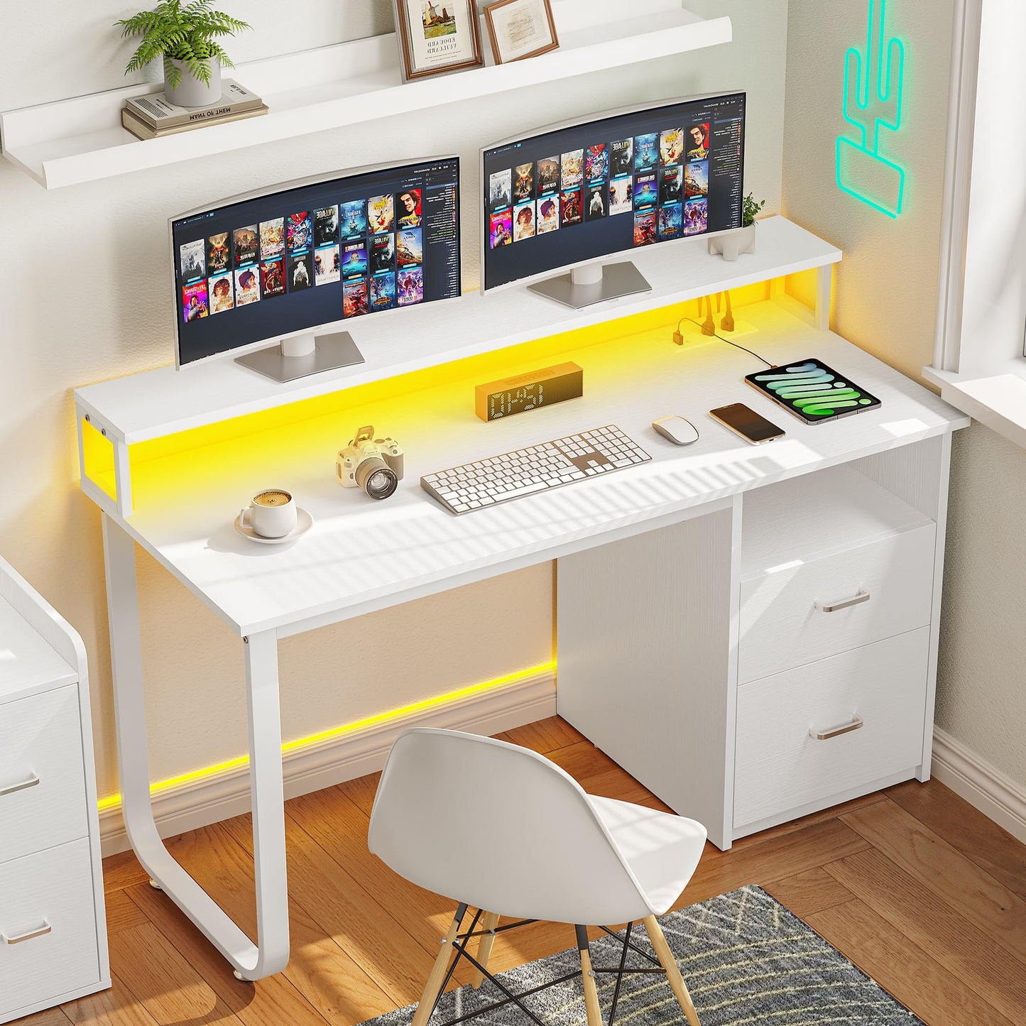 YITAHOME Computer Desk with Drawers, 47.2" Office Desk with Power Outlets & LED Light, Home Office Desk with Storage Shelves, White