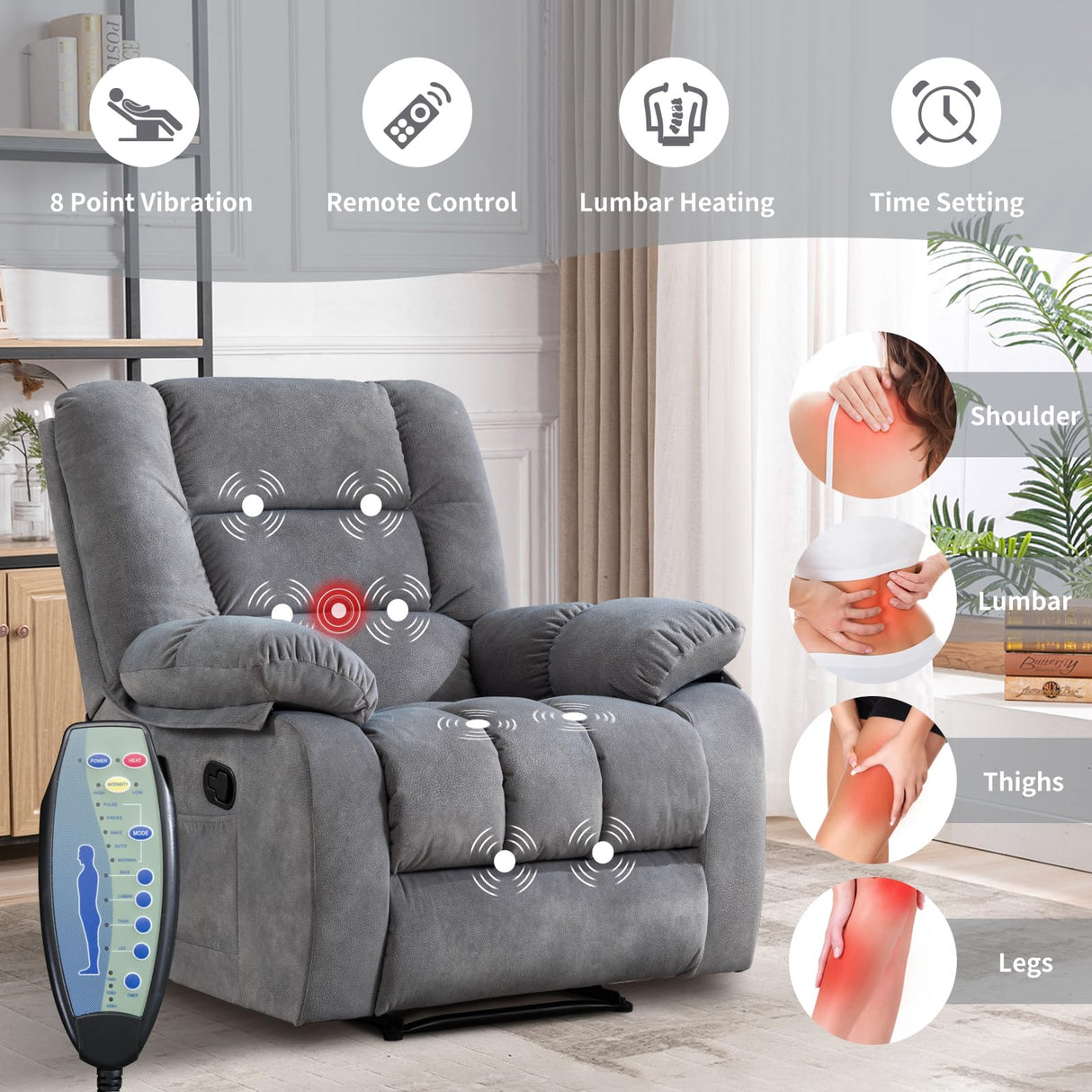 IOMOR Manual Recliner Chair with Heat and Massage, Ergonomic Overstuffed Breathable Fabric Reclining Chairs, Single Sofa Chair with Side Pockets for Living Room Home Theater (Light Gray) IOMOR