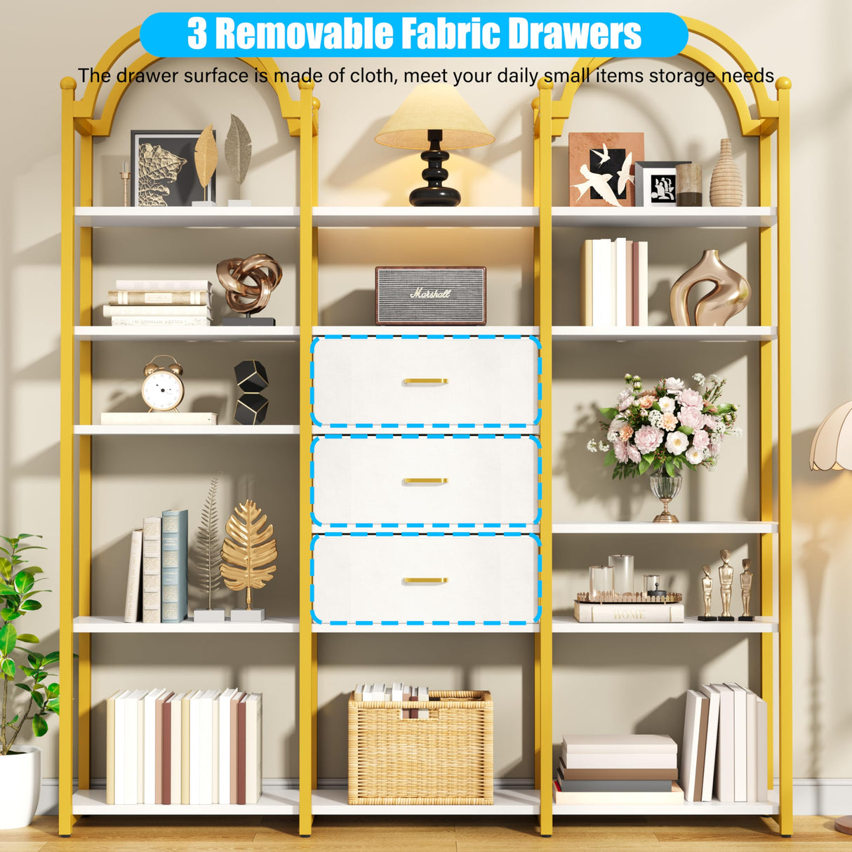 Nosepen 83.5" Tall Arched Bookshelf with 3 Drawers and 13 Storage Shelves, Industrial Open Book Shelf with Display Shelves, Large Etagere Bookshelf, Triple Wide Book Case for Home & Office, Gold Nosepen