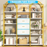 Nosepen 83.5" Tall Arched Bookshelf with 3 Drawers and 13 Storage Shelves, Industrial Open Book Shelf with Display Shelves, Large Etagere Bookshelf, Triple Wide Book Case for Home & Office, Gold Nosepen