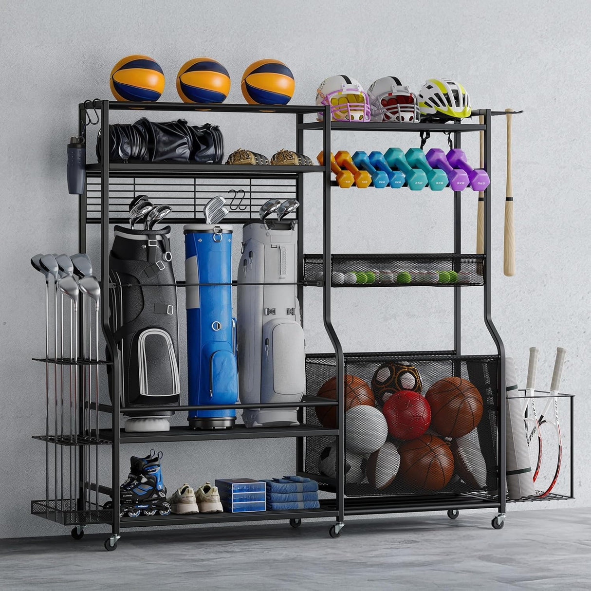 DWVO Sports Equipment Organizer, 3 Golf Bags Storage Stand with Wheels, Sport Gear Accessories Rack and Ball Organizer Bin for Garage DWVO