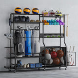 DWVO Sports Equipment Organizer, 3 Golf Bags Storage Stand with Wheels, Sport Gear Accessories Rack and Ball Organizer Bin for Garage DWVO