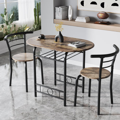 JUMMICO 3-Piece Wooden Round Table & Chair Set, Space Saving Kitchen Breakfast Nook Wood Grain Tabletop with Metal Frame and Built-in Wine Rack for Kitchen, Dining Room (Walnut/Black) JUMMICO