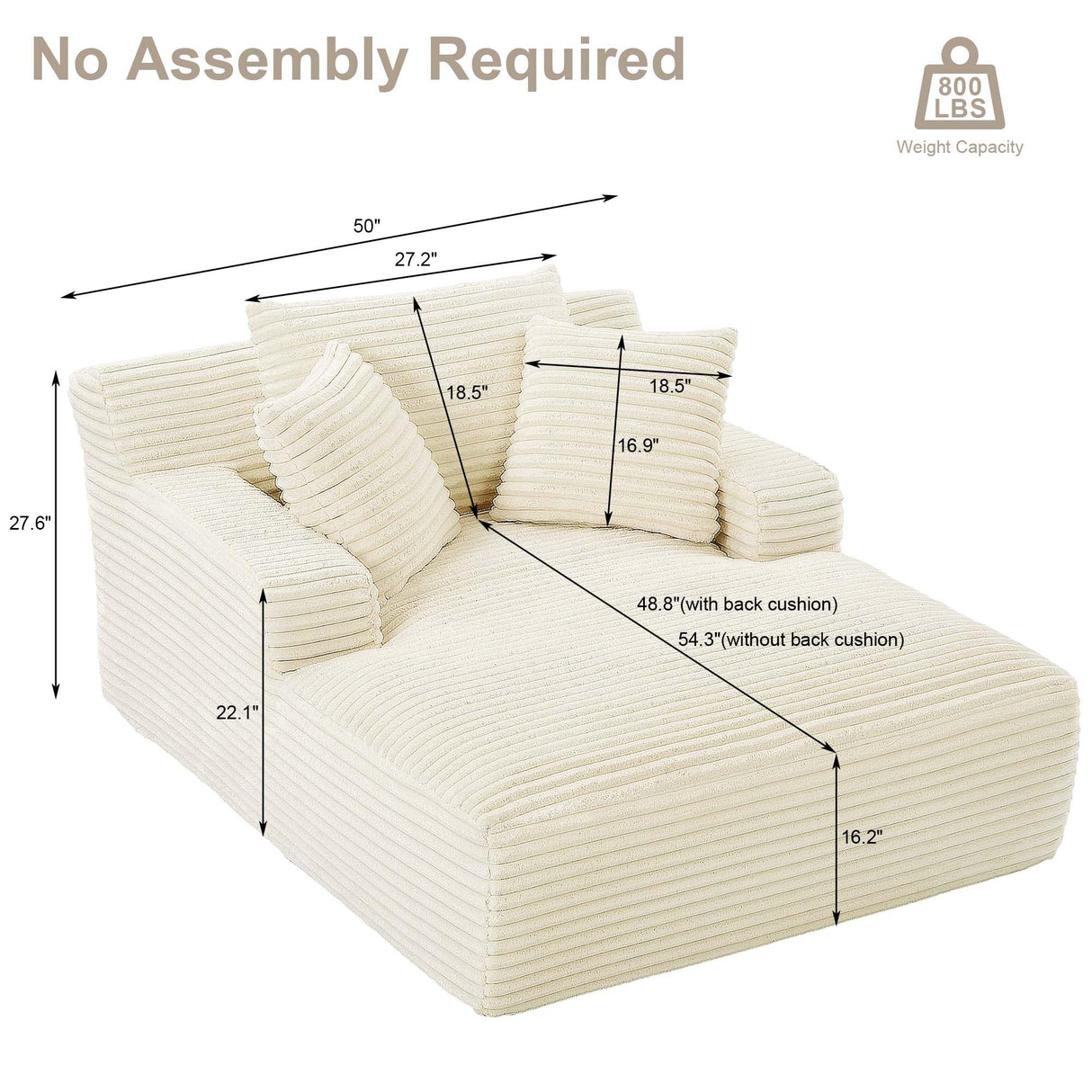 GNIXUU Oversized Chaise Lounge Chair Indoor, Comfy Fluffy Lounge Sofa Upholstered Sleeper Sofa Couch with Throw Pillows and Armrests, Corduroy Plush Cloud Chair for Living Room, Beige GNIXUU