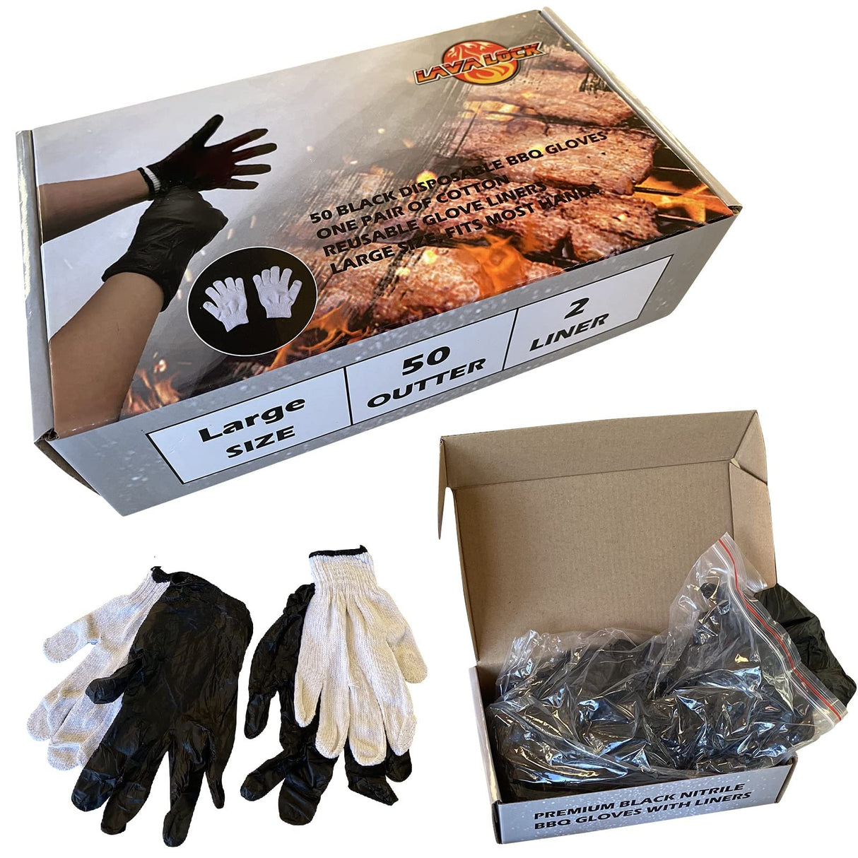 LavaLock Disposable Nitrile BBQ Gloves with Cotton Liners for Outdoor Cooking Grilling Smokers and Barbecue Competition, Chef or Kitchen use (Large 50 Count Black) LavaLock