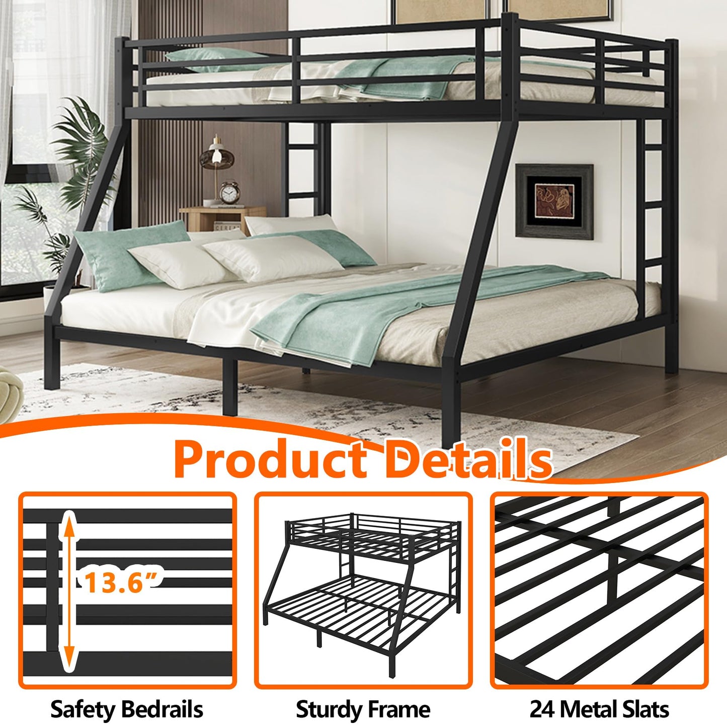 Thctvous Queen Over King Bunk Bed,Heavy-Duty Metal Bunk Bed Frame for Adults Teen Kids,2 Side Ladder,Guardrail,Space-Saving,Noise Reduced,No Box Spring Needed,Black (Queen Over King)