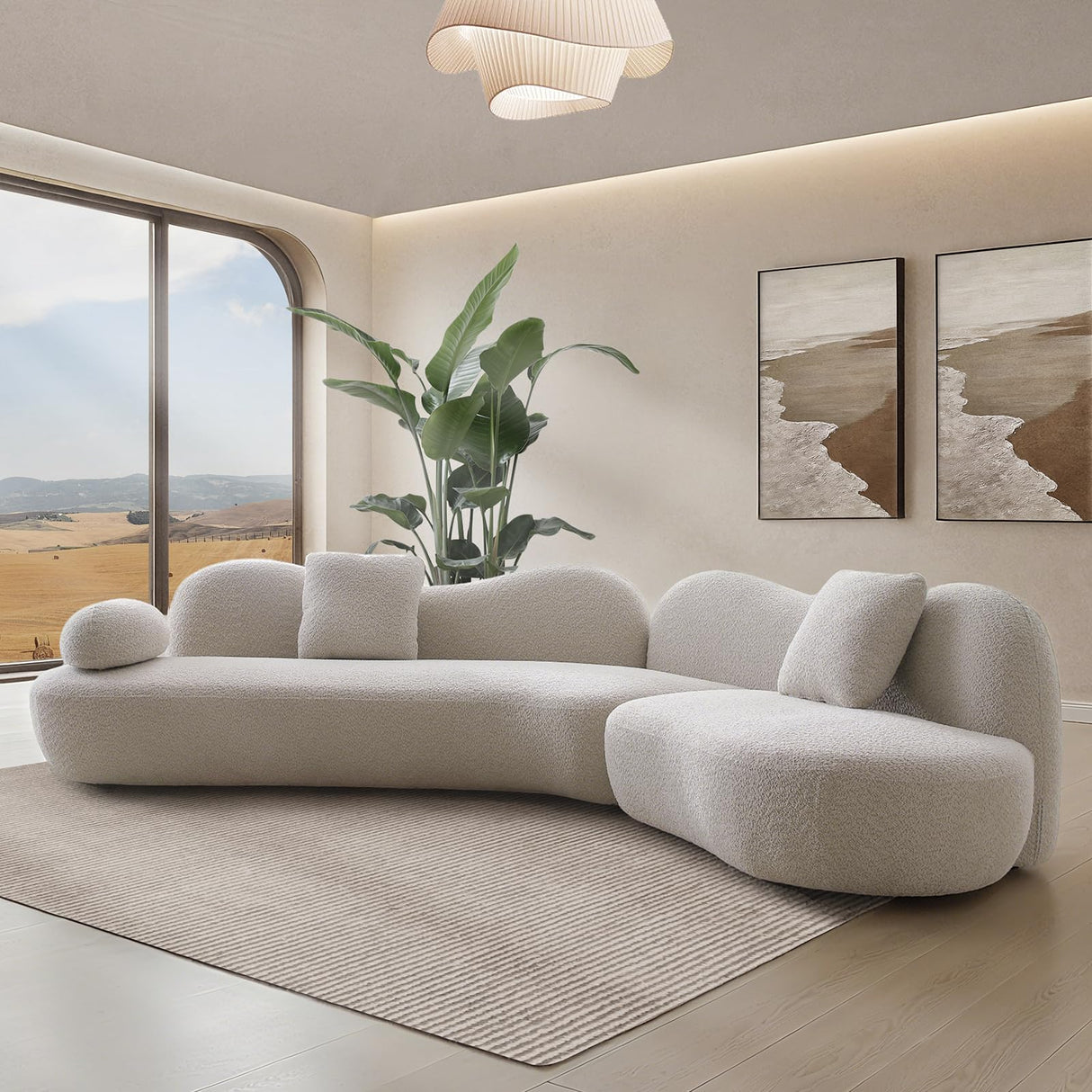 SSC SATISUNCASA 129" Luxury Modern Curved Sofa, Minimalist Comfy Boucle 5 Seater Couch, Crescent Shape Modular Sectional Sofa with Butterfly Backrest, for Living Room, Bedroom, Apartment Home, Beige SSC SATISUNCASA