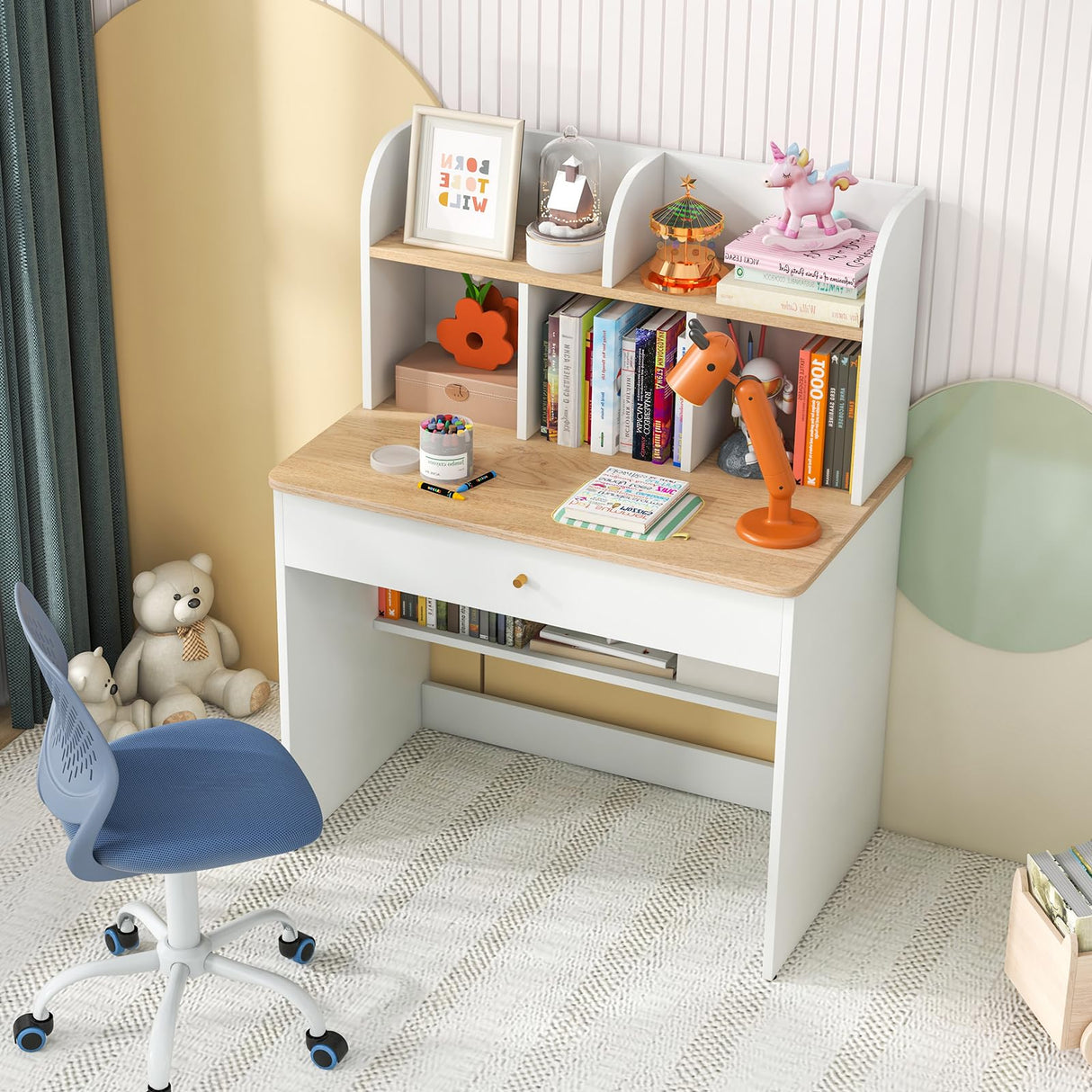 HONEY JOY White Kids Desk, Wooden Children School Study Table with Hutch, Pull-Out Drawer, Storage Shelves, Student Writing Desk Computer Workstation for Bedroom, 3+ Years Old HONEY JOY
