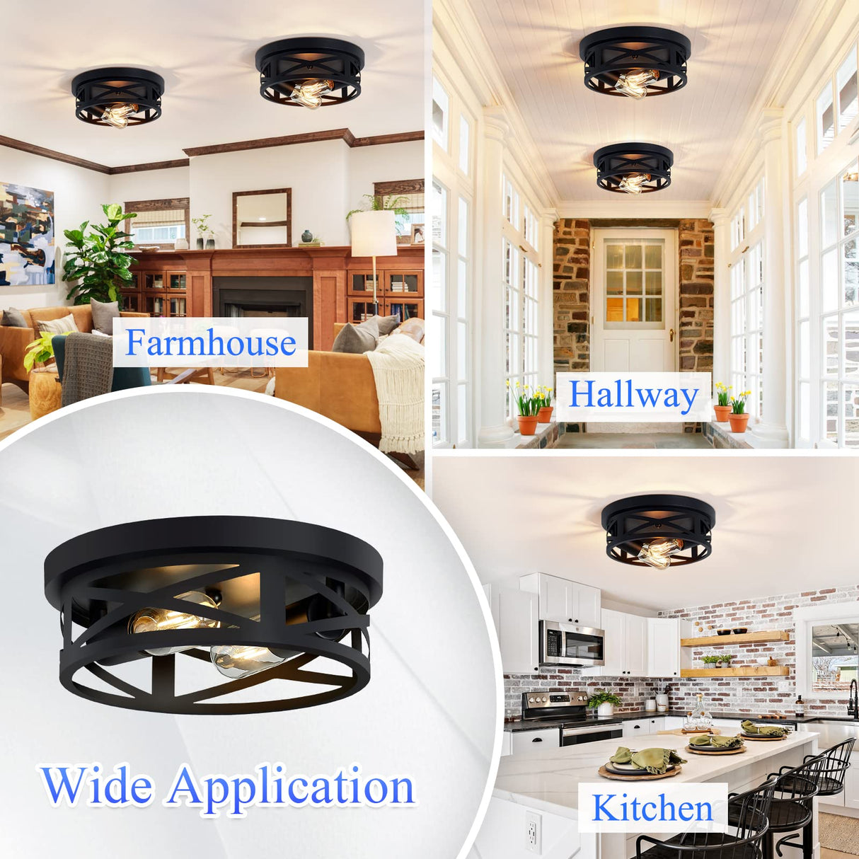SKEJAO Flush Mount Ceiling Light Fixture,Black 2-Light Hallway Light Fixtures Ceiling,Light Fixtures Ceiling Mount for Farmhouse,Kitchen,Hall (2 Pack) SKEJAO