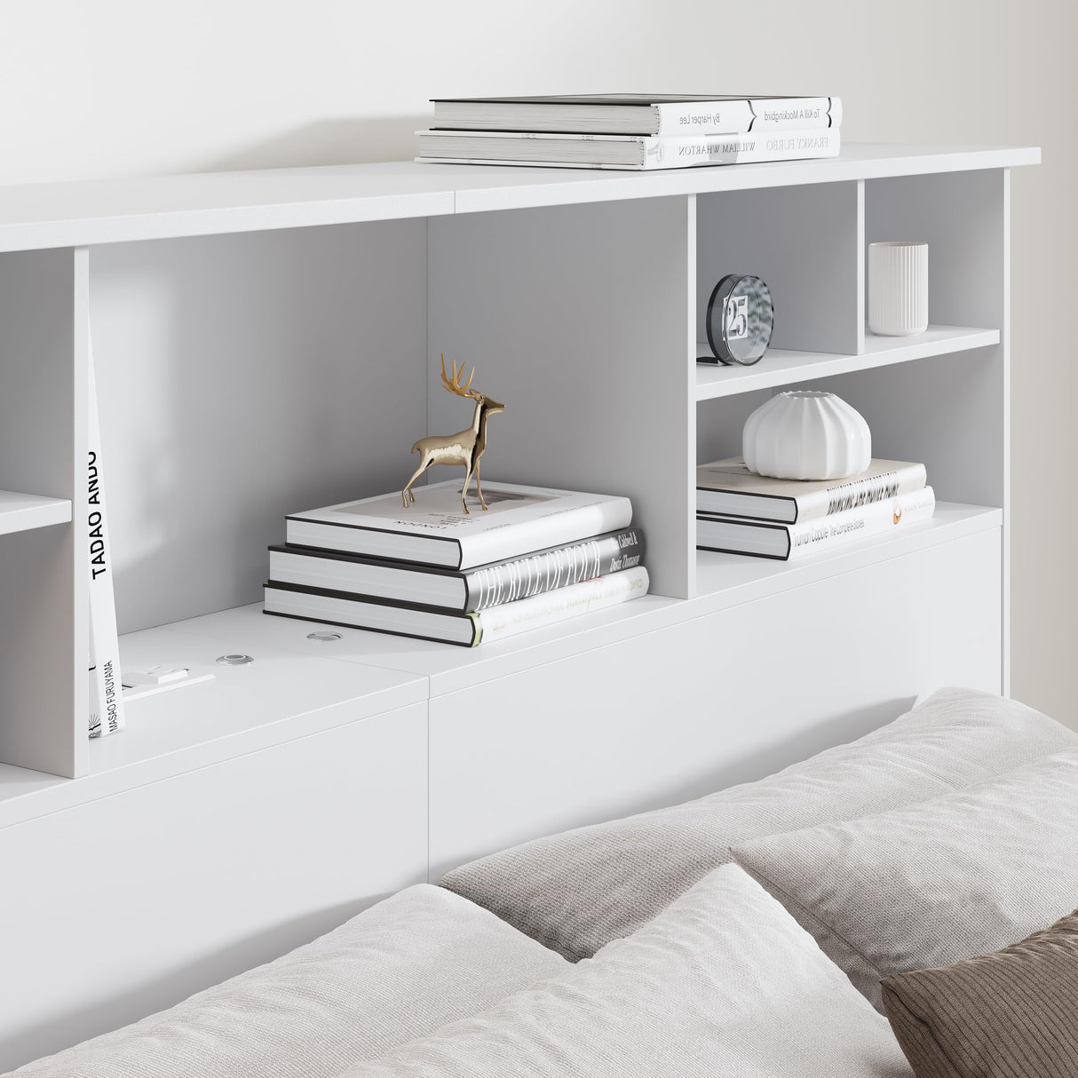 AYEASY Queen/Full Size Headboard Only for Bedroom, Wood Bookcase Headboard with Charging Station & 2 LED Lights, Stylish Queen Headboard for Queen Size Bed, Noise-free HeadBoard with Storage, White AYEASY