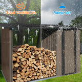 YOPTO Firewood Rack Outdoor Metal Storage Shed,Two-in-one Function with Sloped Roof and Open Woodshed Design,Tall Door w/a Latch,Waterproof Building Organizer,for Motorcycle,Bicycles,Black+Brown YOPTO