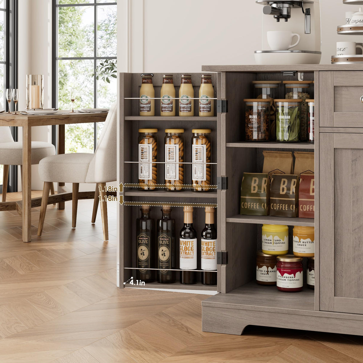 HITHOS 54" Buffet Cabinet with Storage, Modern Kitchen Buffet Sideboard with Drawer, Wood Coffee Bar Cabinet with Adjustable Shelves, Kitchen Storage Cabinet for Living Room, Ash Grey HITHOS