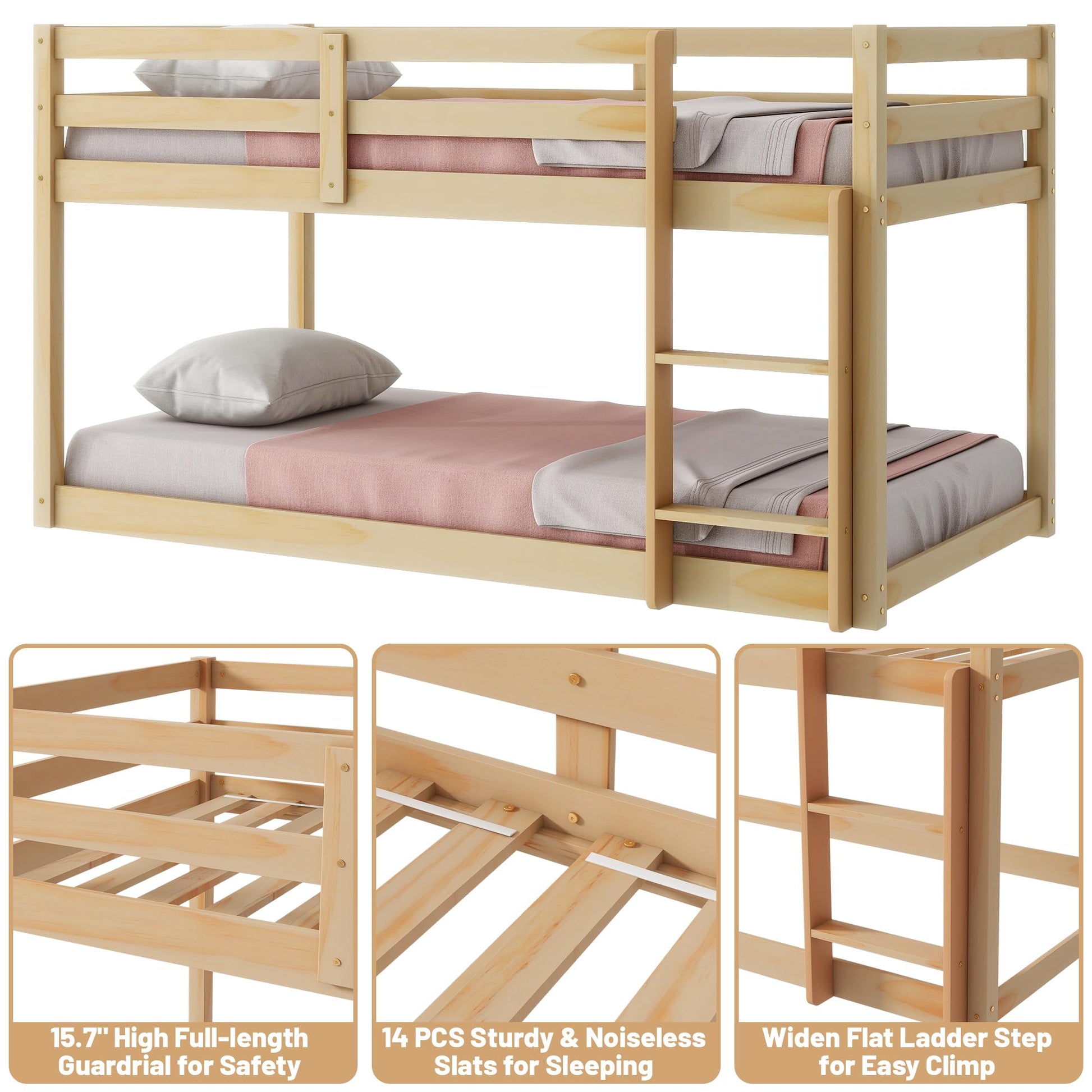 LUKEEHOM Twin Over Twin Low Profile Bunk Bed with Ladder - Ideal for Kids' Rooms - WoodArtSupply