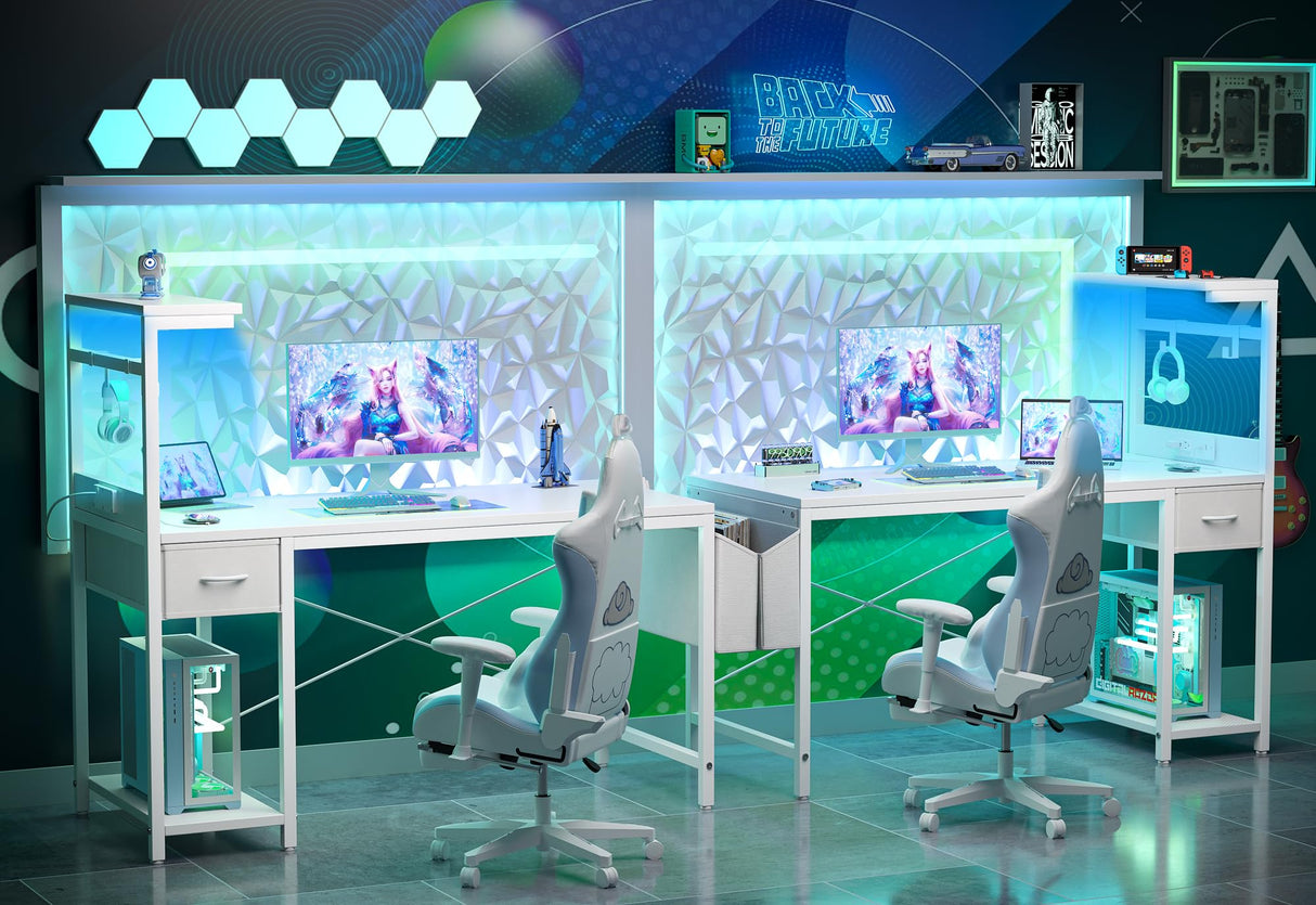 TIQLAB Gaming Desk 40 inch with Power Outlet and LED Light, Computer Desk with Reversible Shelves and Storage Drawer, Small PC Desk for Home Office Table with Bag, Carbon Fiber White TIQLAB