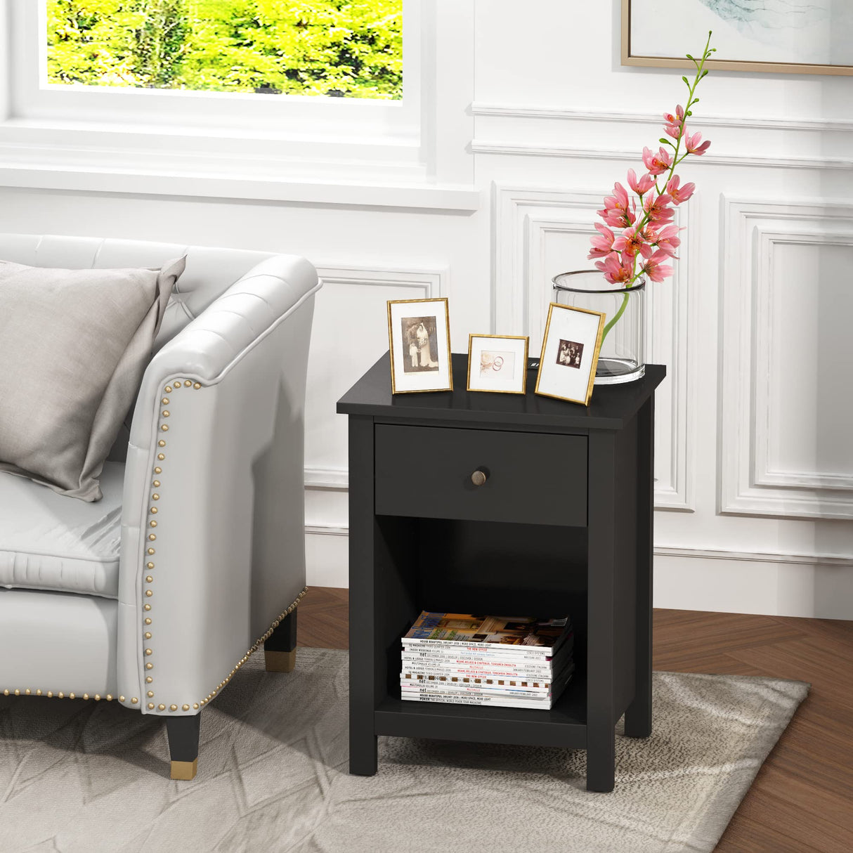 ChooChoo Black Nightstand Set of 2,Night Stand with Charging Station, Wooden Top Bedside End Table with Drawer and Storage Space for Bedroom ChooChoo