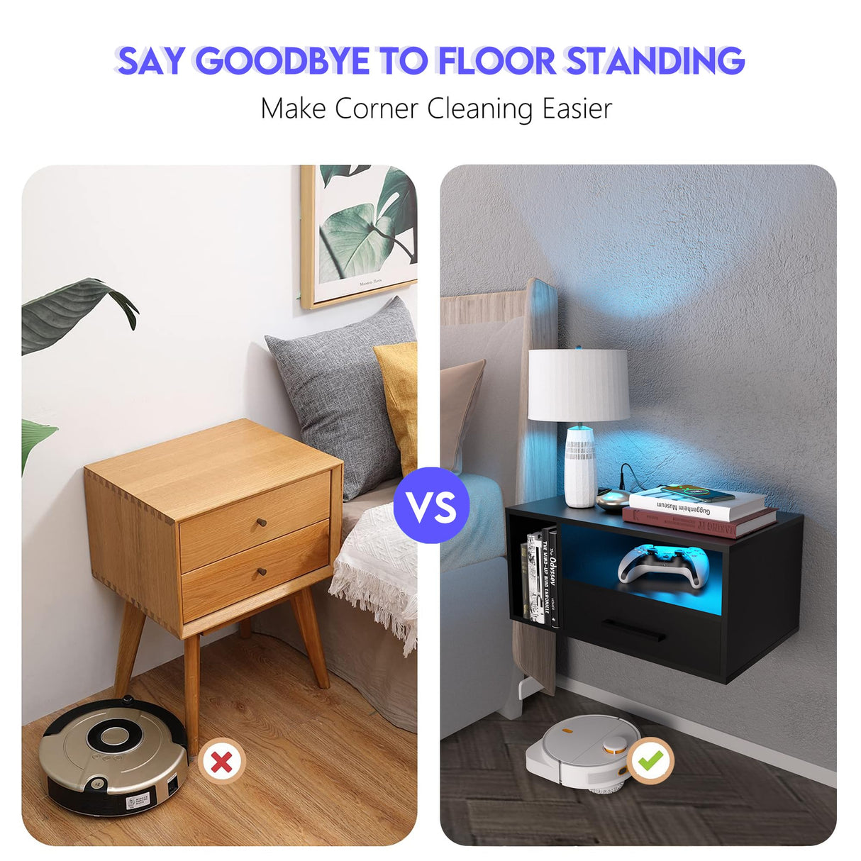 Homaterial Floating Nightstand with Charging Station and LED Lights, Floating Bedside Table with Drawers Wall Mounted Nightstands,for Bedroom Room, 21.3" x 11.8" x 10",Black Homaterial