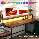 EnHomee 70.9" L Shaped Gaming Desk with Drawers Reversible L Shaped Computer Desk with Power Outlet & LED Lights Home Office Desk with Storage Shelves and Monitor Stand Corner Desk, Rustic Brown EnHomee