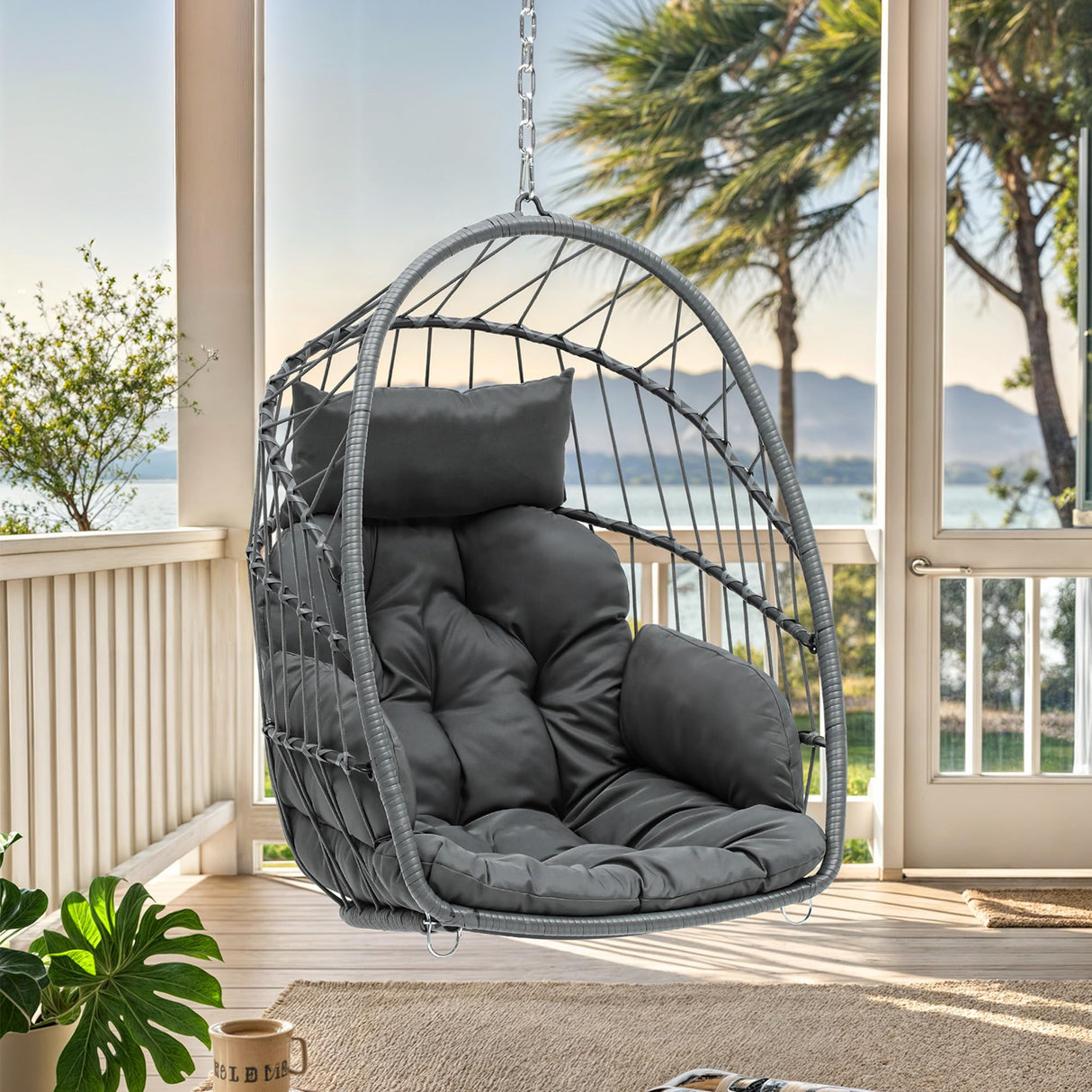 YITAHOME Hanging Egg Chair, Patio Wicker Hammock Egg Chair Basket Swing with Cushion, Outdoor 330lbs Rattan Outdoor Swing for Balcony Garden Bedroom, Gray (Stand not Included) YITAHOME