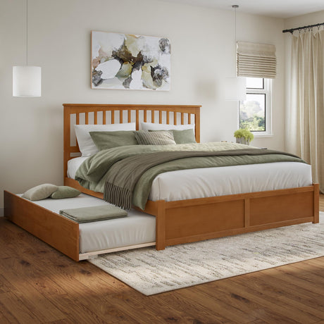 AFI Mission King Solid Wood Platform Bed with Footboard & Twin XL Trundle in Light Toffee AFI