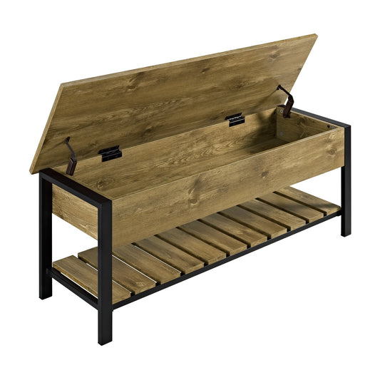 Walker Edison Julian Rustic Farmhouse Lift Top Entry Bench with Bottom Rack, 48 Inch, Barnwood - WoodArtSupply