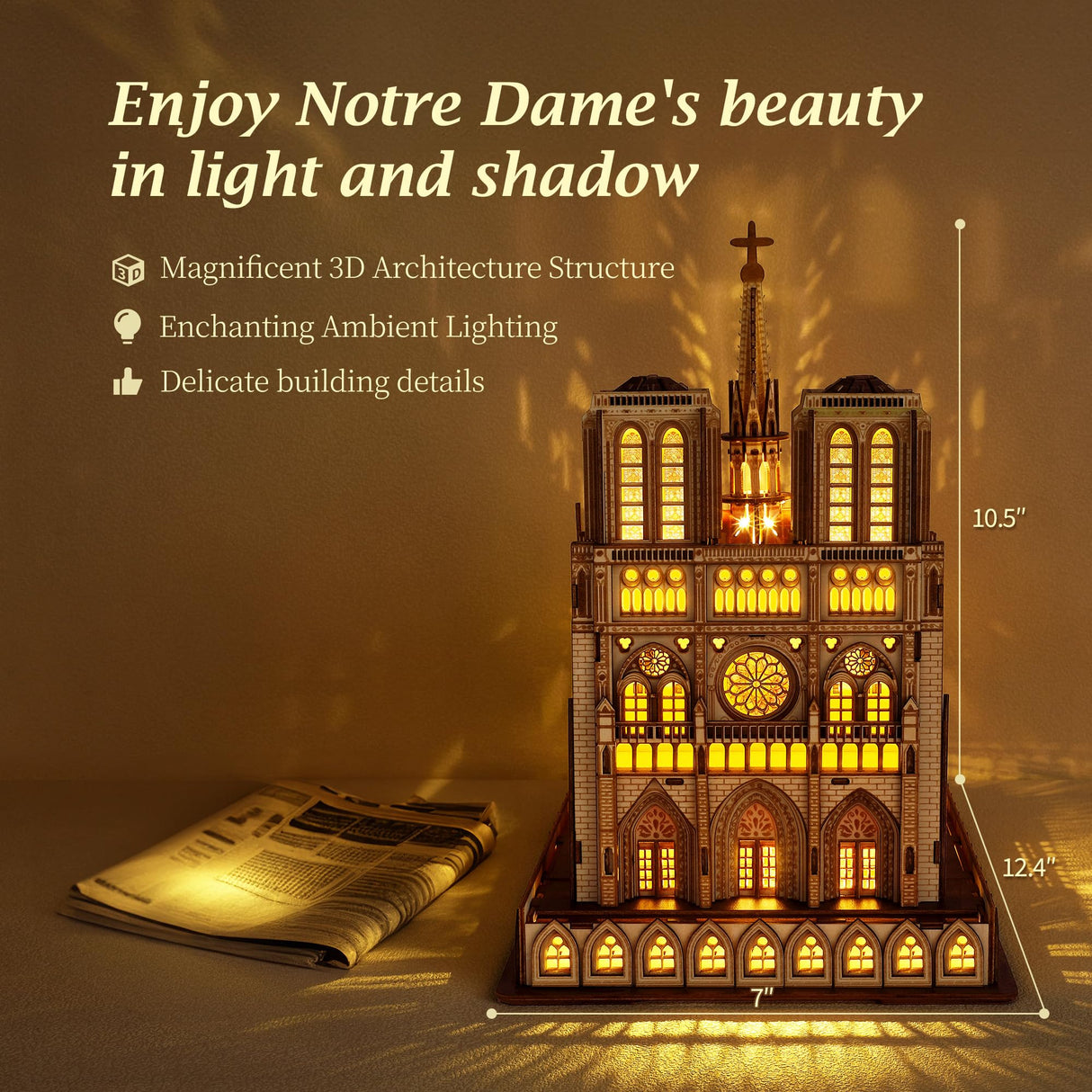 FUNPOLA LED 3D Wood Puzzle - Notre Dame de Paris Architecture Model-Night Edition with LED Lighting- DIY Building Model Craft Kit, Architecture Building Set FUNPOLA