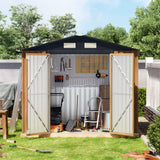 Panovue 8X6 FT Garden Storage Shed with Lockable Door,Steel Tool Shed with 1 Clear Window, Anti-Corrosion Metal Shed for Backyard Patio Lawn (Wood Panels & Frame Floor Not Included)(Light Wood Grain) Panovue