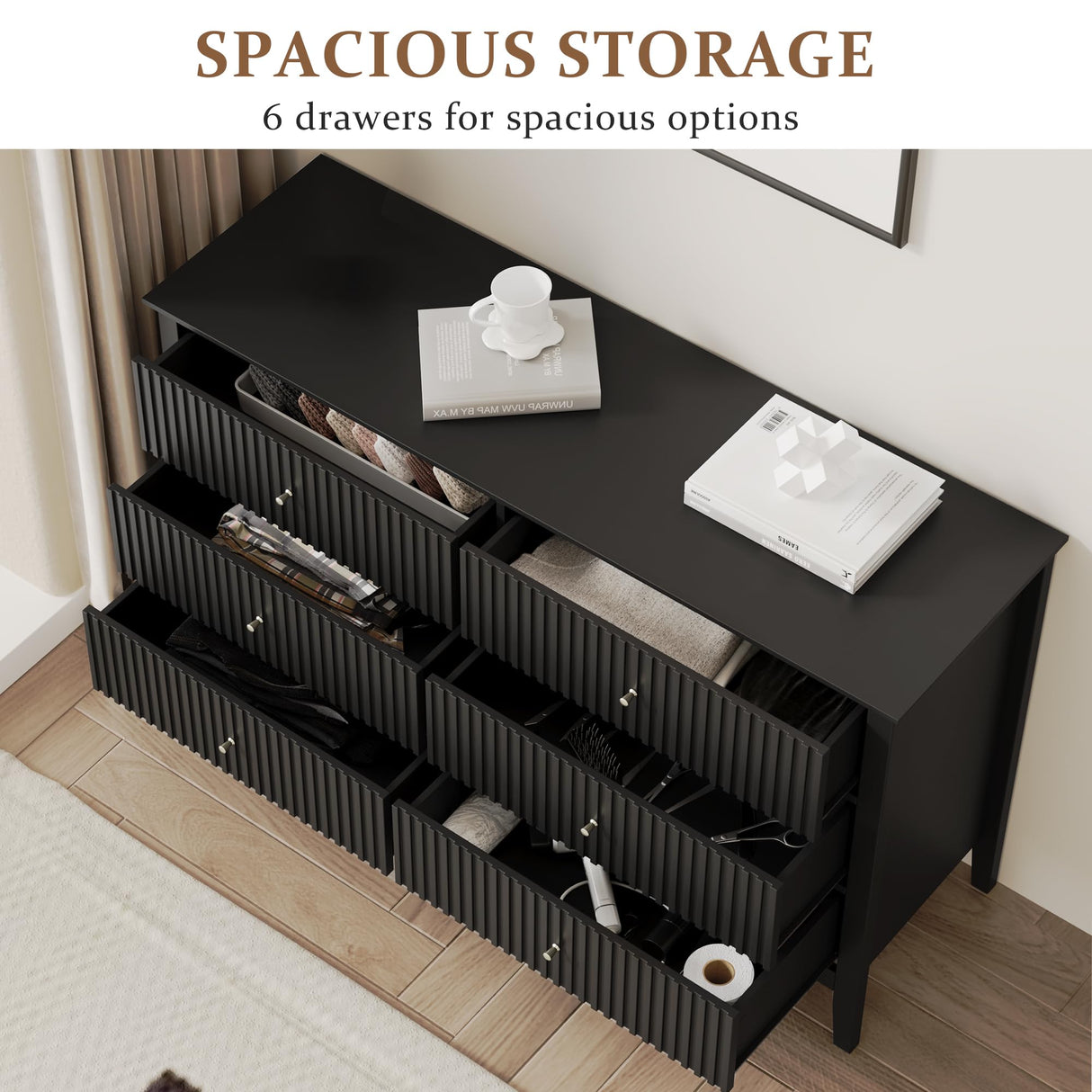 RoyalCraft Black 6 Drawer Dresser, Fluted Modern Wood Dresser, Double Chest of Drawers, Long Dresser for Bedroom TV Stand Storage Cabinet for Living Room RoyalCraft