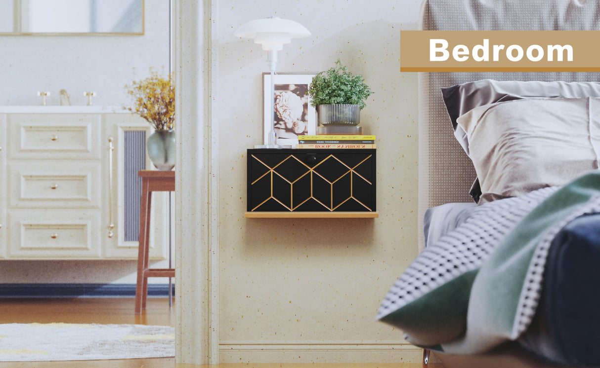 HLR Floating Nightstand, Small Nightstand with Flap Door, Morden Wall Mounted Nightstand for Bedrooms, Black HLR
