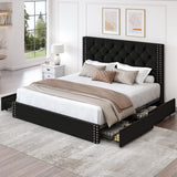 LARMACE Queen Size Upholstered Bed Frame with Storage Velvet Platform Tufted Bed Frame with 4 Drawers and Headboard, Wood Slats Support, Easy Assembly, Noise-Free, Black LARMACE