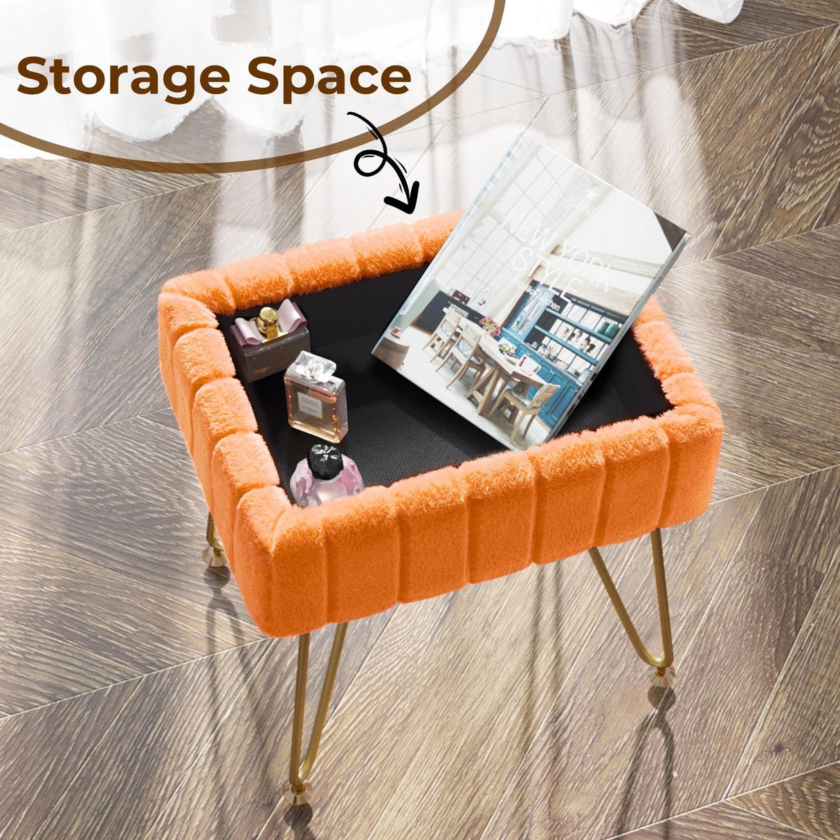 Greenstell Vanity Stool Chair Faux Fur with Storage, 15.7"L x 11.8"W x 19.4"H Soft Ottoman 4 Metal Legs with Anti-Slip Feet, Furry Padded Seat, Modern Multifunctional Chairs for Makeup, Bedroom,Orange GREENSTELL