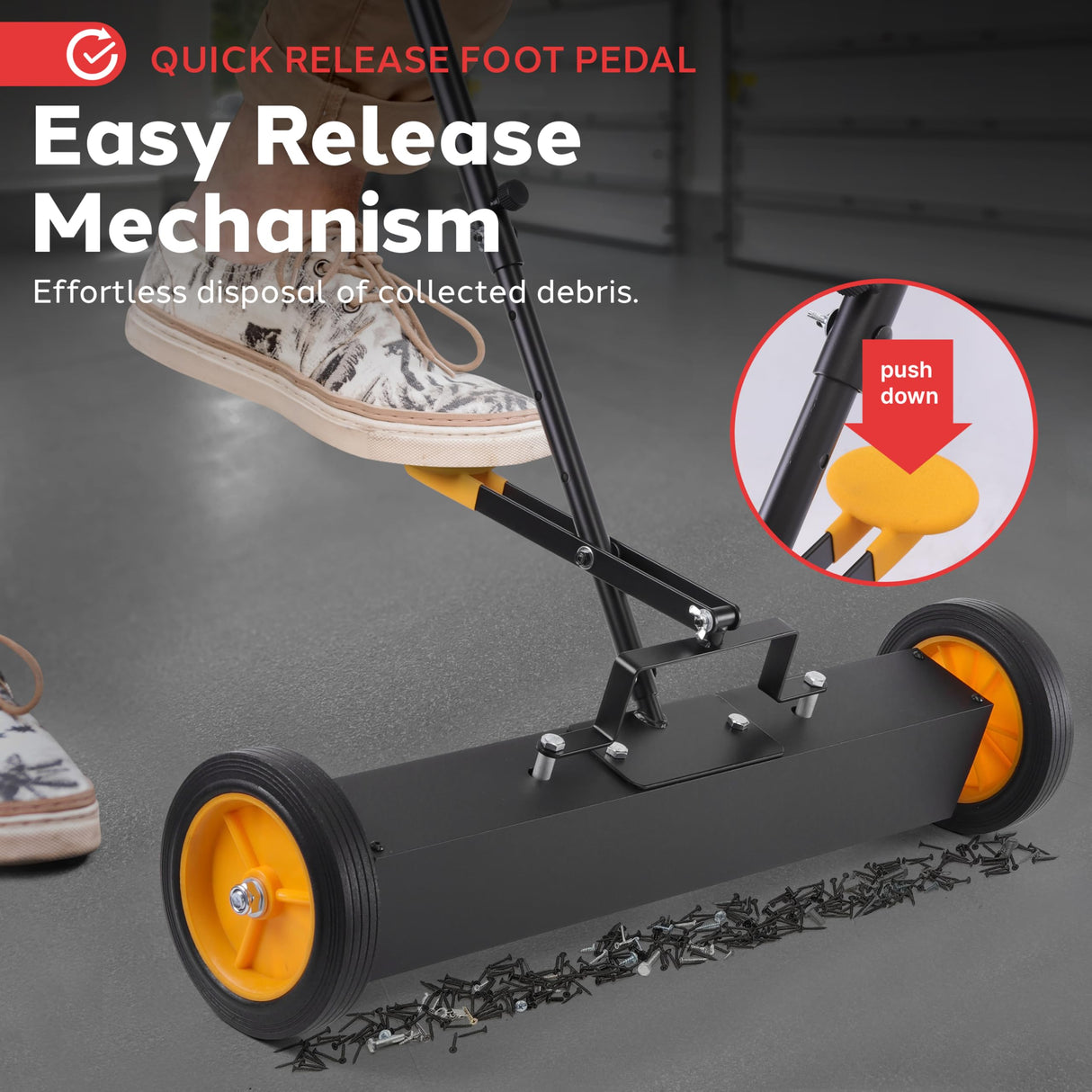 Pyle 24” Rolling Magnetic Sweeper with Adjustable Handle - Strong and Durable Metal Construction, Heavy-Duty Cleaning, Metal Pickup for Industrial and Commercial Use (Black and Orange) Pyle