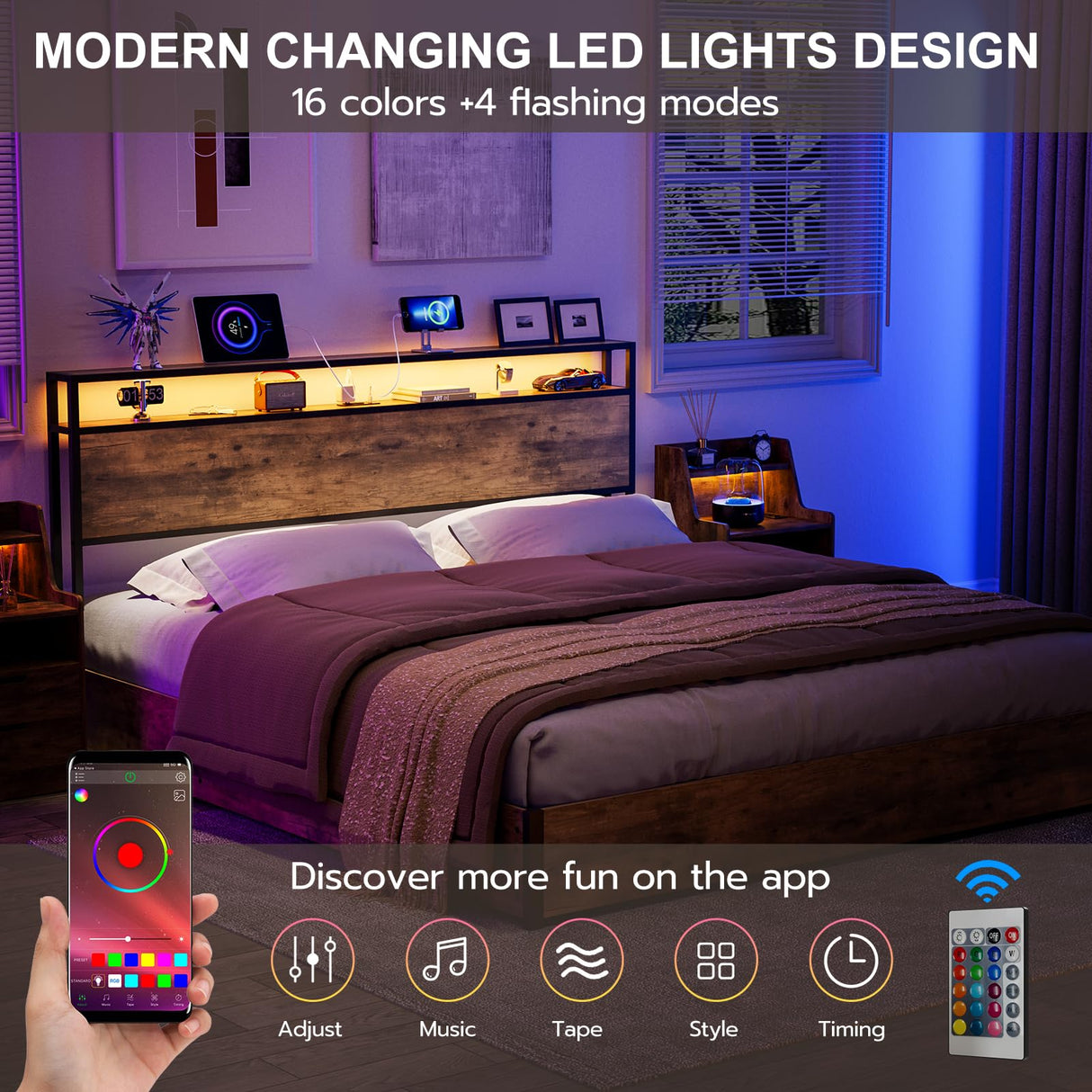 IKIFLY King Size Rustic Brown Storage Headboard with LED Lights & Charging Station IKIFLY