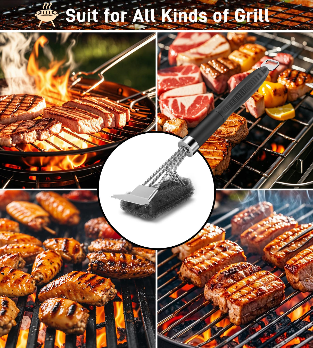 PePeng Grill Brush with Scraper, Non-Slip Handle, Bottle Opener, 3 in 1 Extra Strong BBQ Cleaner Accessories, Deep Clearning Brush for Gas/Charcoal Grilling Grates Pepeng